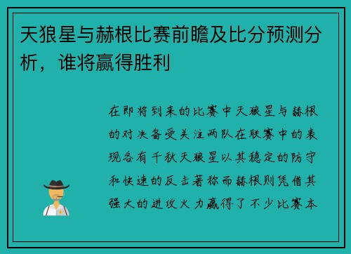 天狼星与赫根比赛前瞻及比分预测分析，谁将赢得胜利